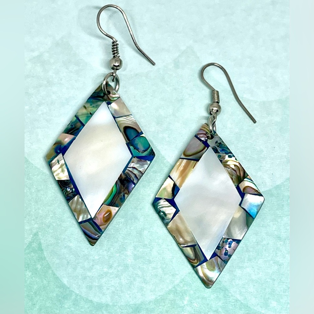 Vintage Abalone White MOP Mother of Pearl Capiz Shell Diamond Rhombus Earrings